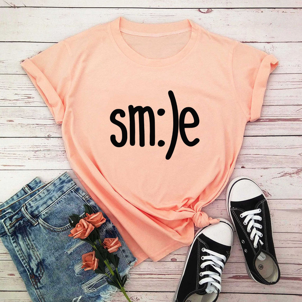 Smile Graphic Plus Size Women’s T-Shirt (S–5XL) – 100% Cotton Summer Short Sleeve Crew Neck Tee