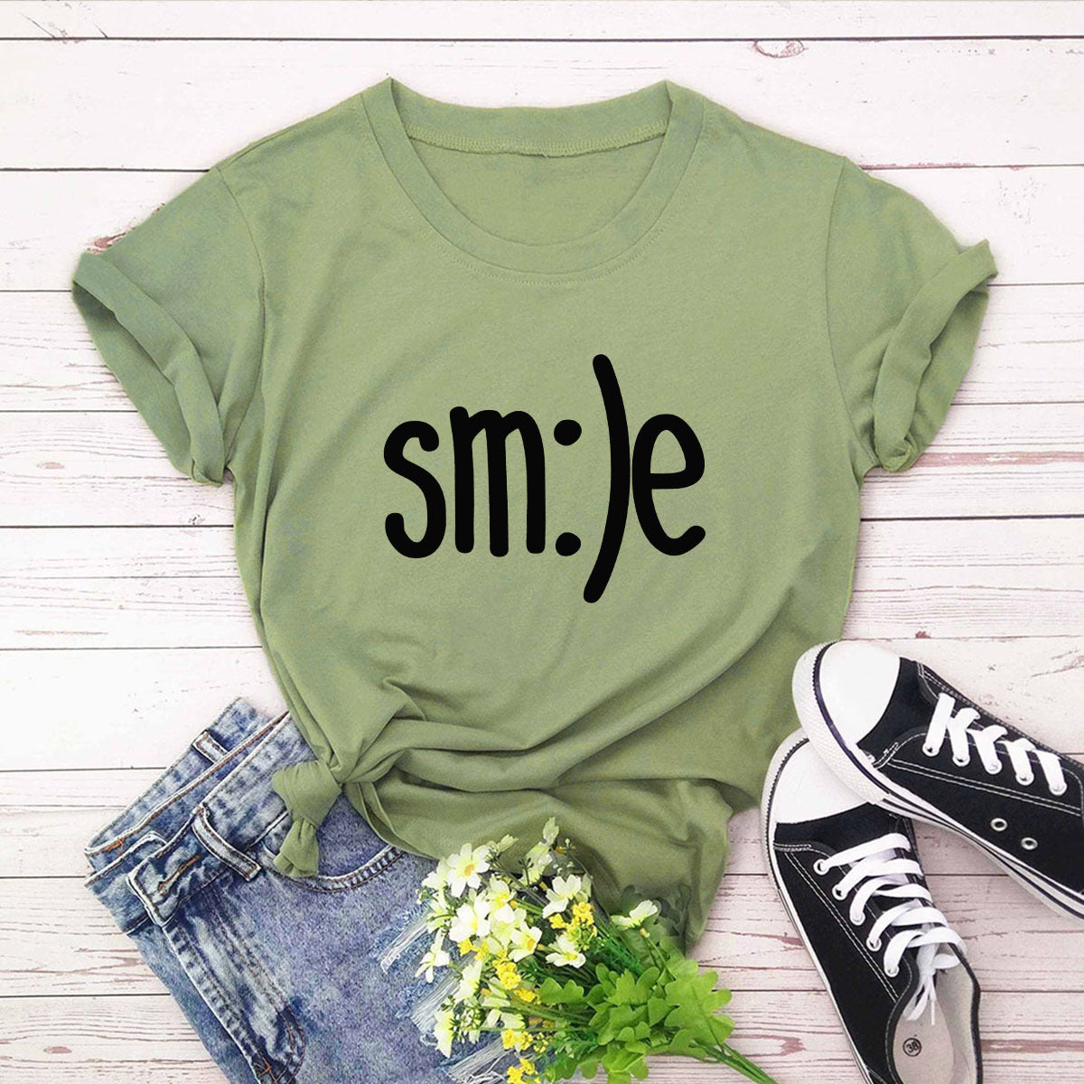 Smile Graphic Plus Size Women’s T-Shirt (S–5XL) – 100% Cotton Summer Short Sleeve Crew Neck Tee