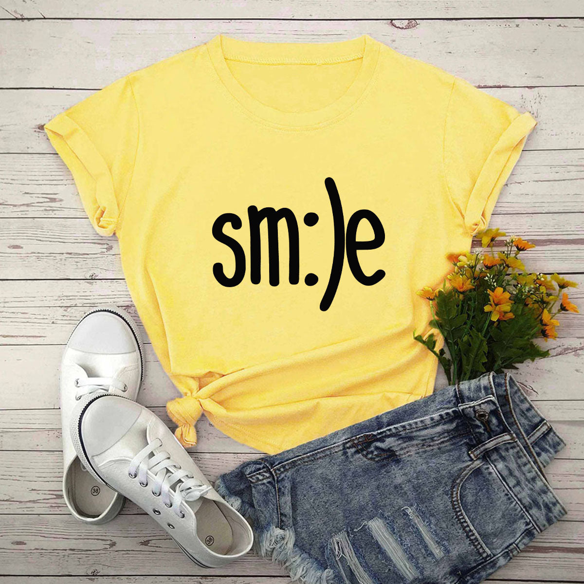 Smile Graphic Plus Size Women’s T-Shirt (S–5XL) – 100% Cotton Summer Short Sleeve Crew Neck Tee