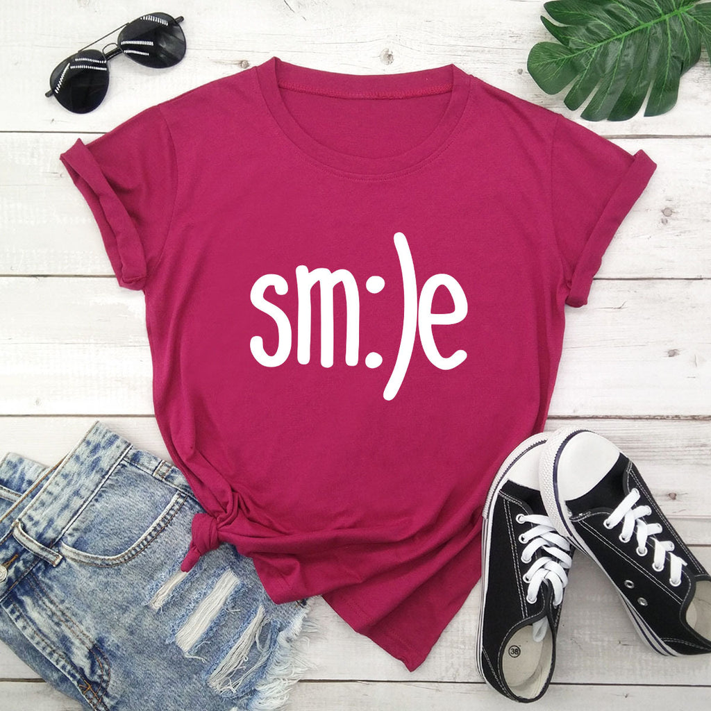 Smile Graphic Plus Size Women’s T-Shirt (S–5XL) – 100% Cotton Summer Short Sleeve Crew Neck Tee