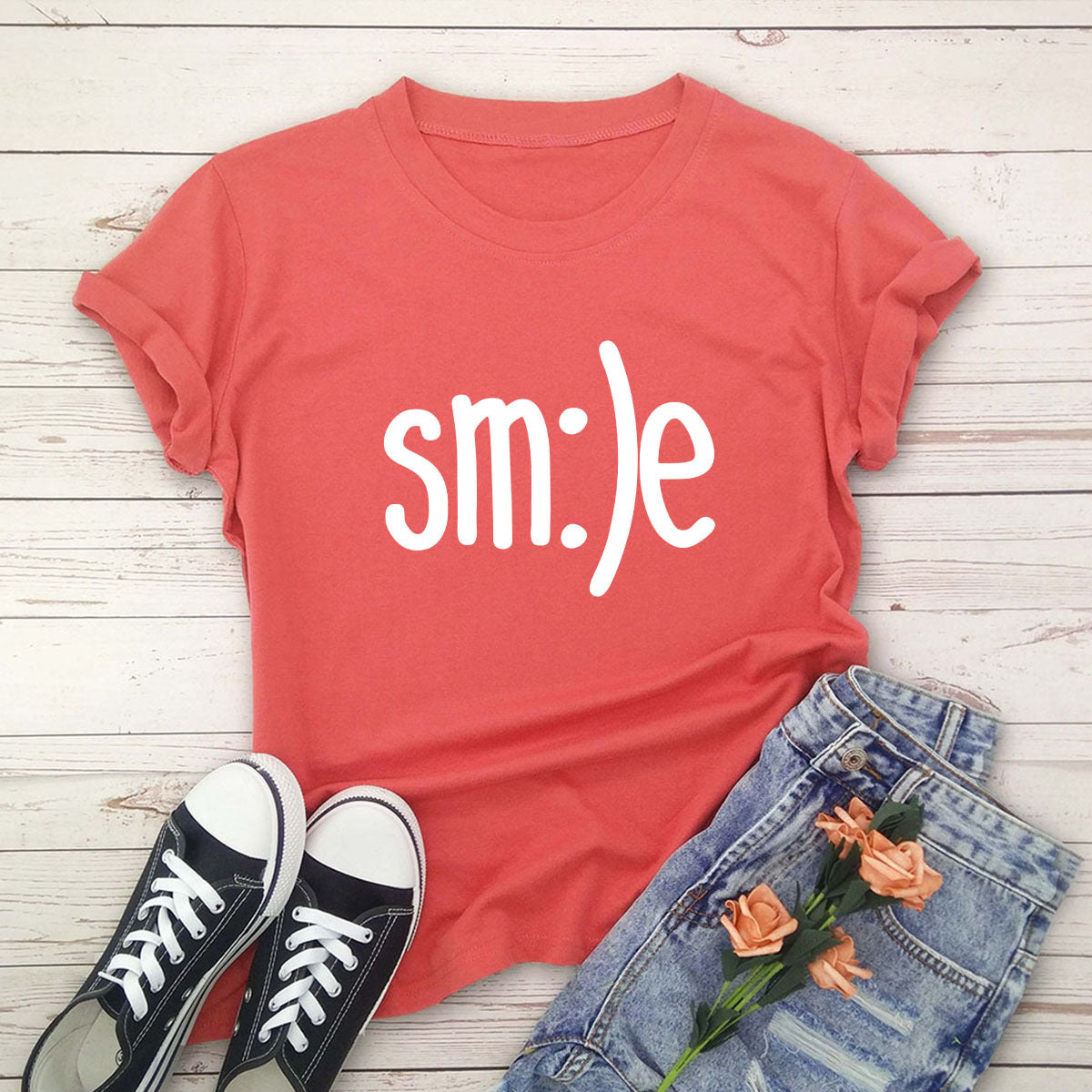 Smile Graphic Plus Size Women’s T-Shirt (S–5XL) – 100% Cotton Summer Short Sleeve Crew Neck Tee