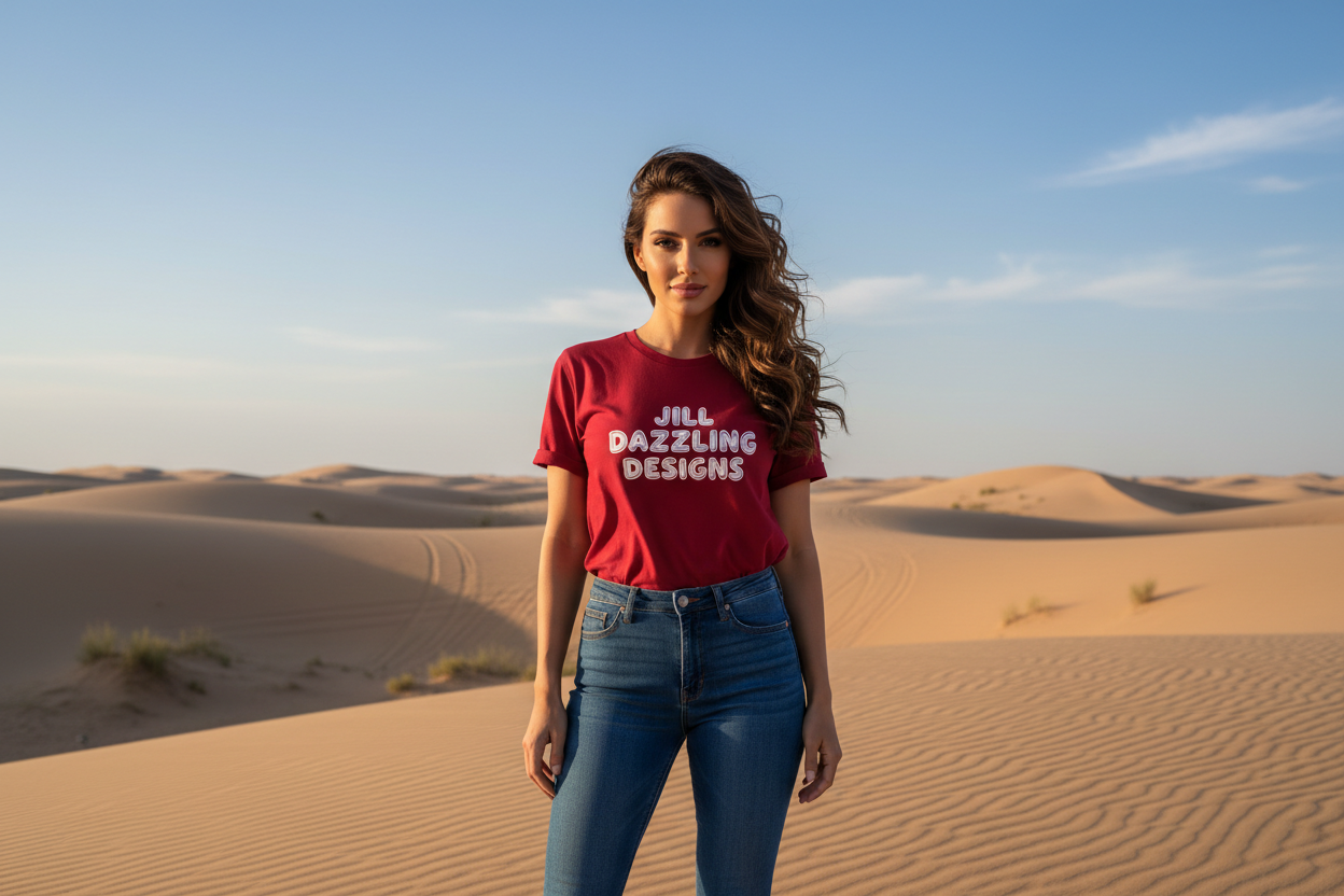 CREATE ME A beautiful WOMAN WEARING A red T-SHIRT THATS SAYS "Jill Dazzling Designs" in bubble letters, the woman has long brown curly hair with blue jeans on standing in the desert